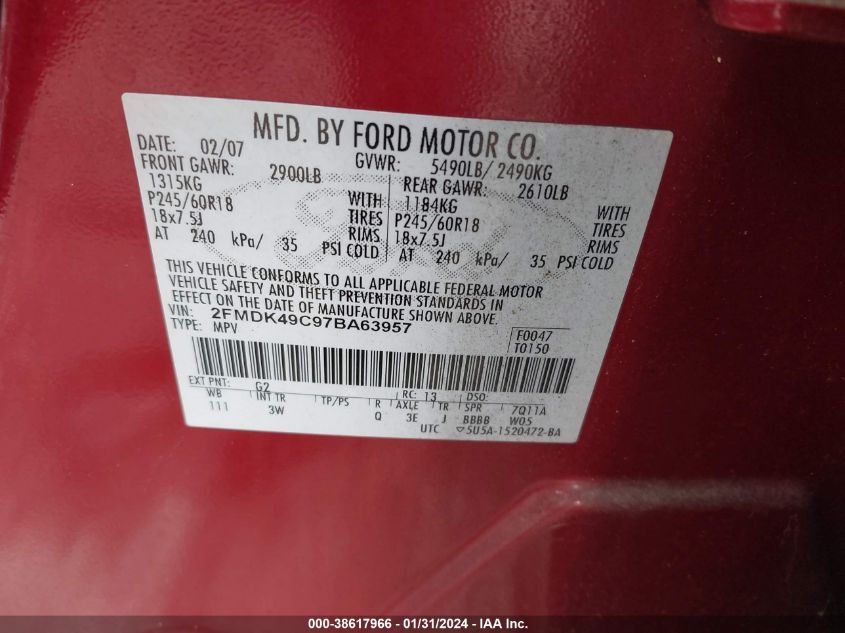 2FMDK49C97BA63957 2007 Ford Edge Sel Plus