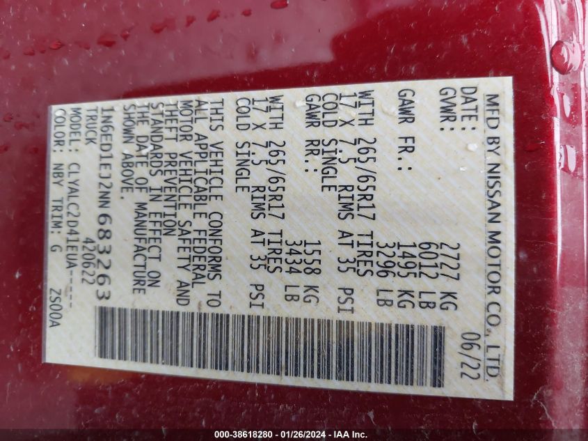 2022 Nissan Frontier Sv 4X2 VIN: 1N6ED1EJ2NN683263 Lot: 38618280