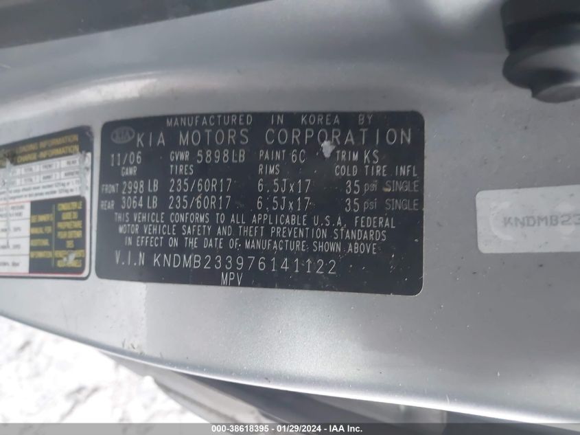 2007 Kia Sedona Ex VIN: KNDMB233976141122 Lot: 38618395