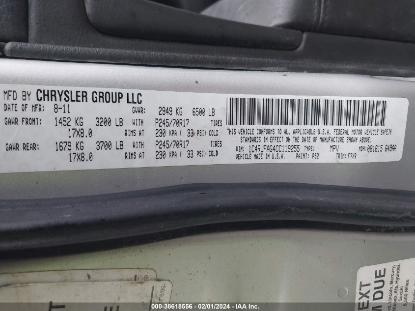 2012 Jeep Grand Cherokee Laredo VIN: 1C4RJFAG4CC119255 Lot: 38618556