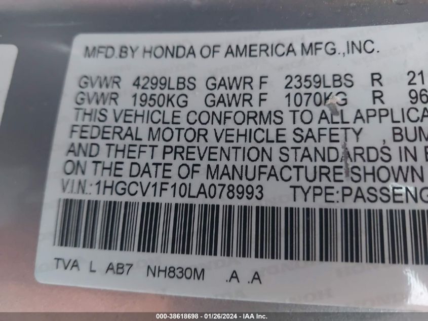 2020 Honda Accord Lx VIN: 1HGCV1F10LA078993 Lot: 38618698