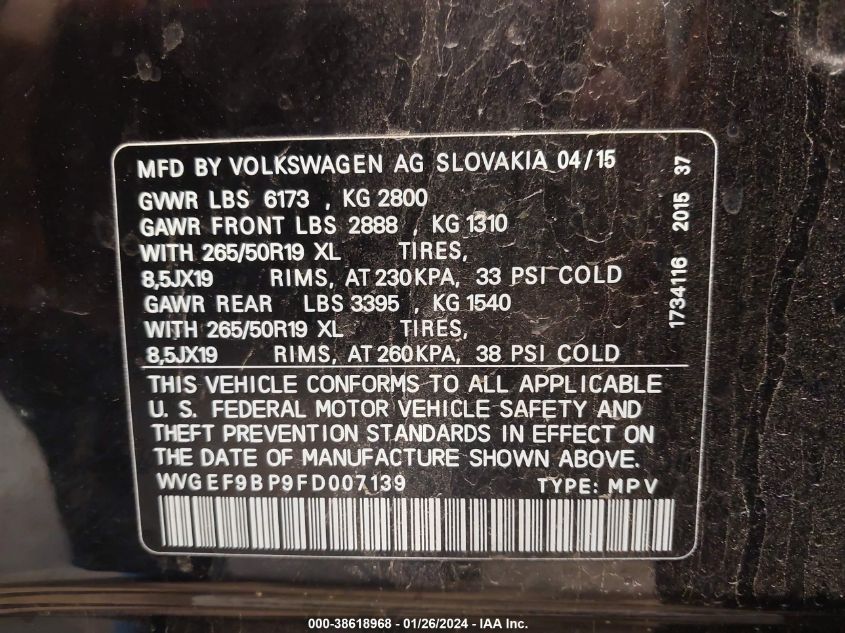 WVGEF9BP9FD007139 2015 Volkswagen Touareg V6 Lux