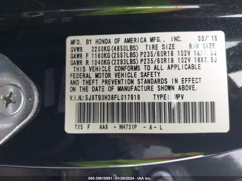 2015 Acura Rdx VIN: 5J8TB3H38FL017919 Lot: 38618991