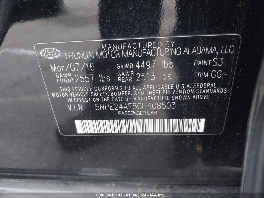 5NPE24AF5GH408503 2016 Hyundai Sonata