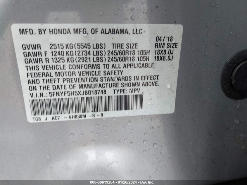 2018 Honda Pilot Ex-L VIN: 5FNYF5H5XJB018748 Lot: 38619284