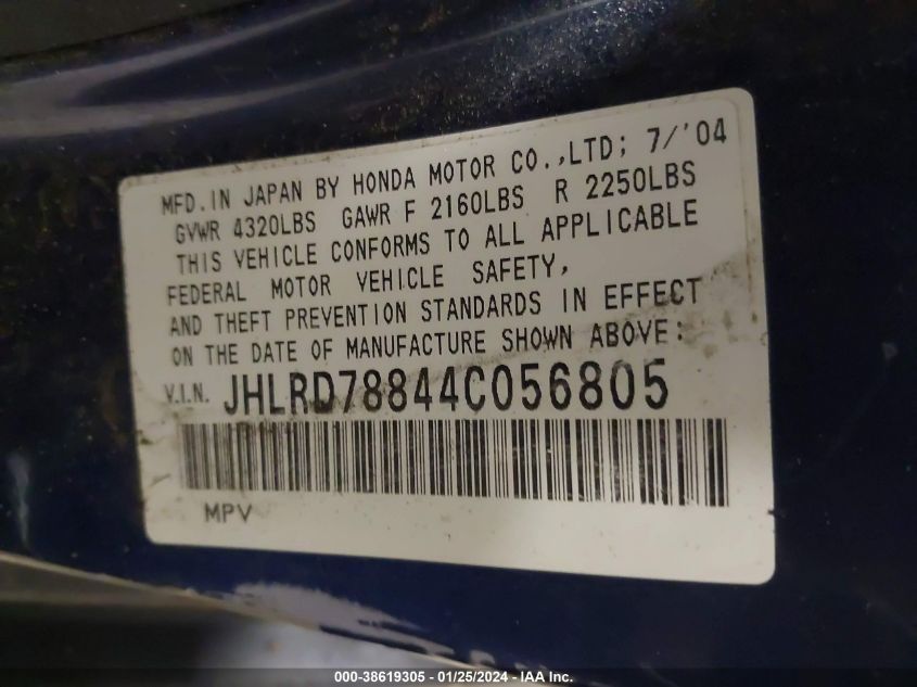 2004 Honda Cr-V Ex VIN: JHLRD78844C056805 Lot: 38619305