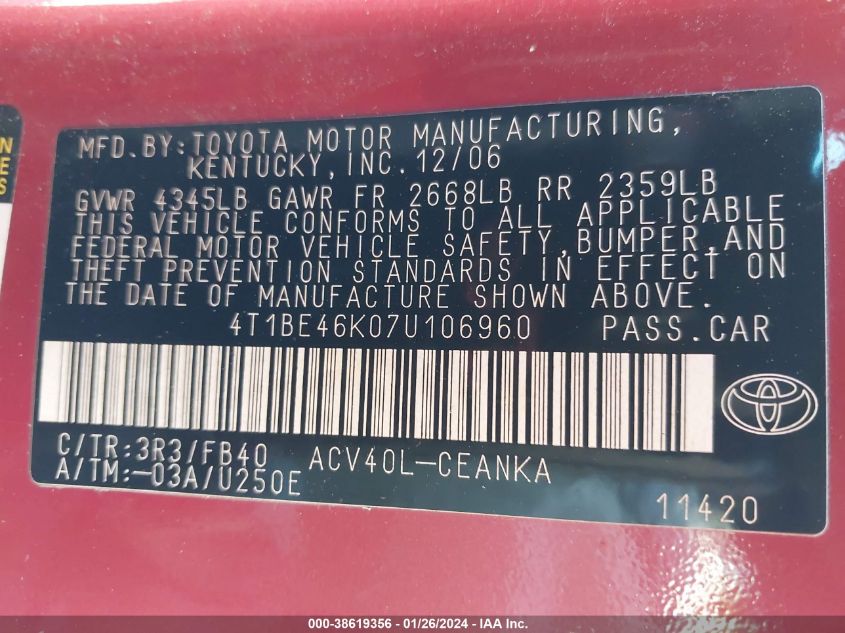 2007 Toyota Camry Le VIN: 4T1BE46K07U106960 Lot: 38619356