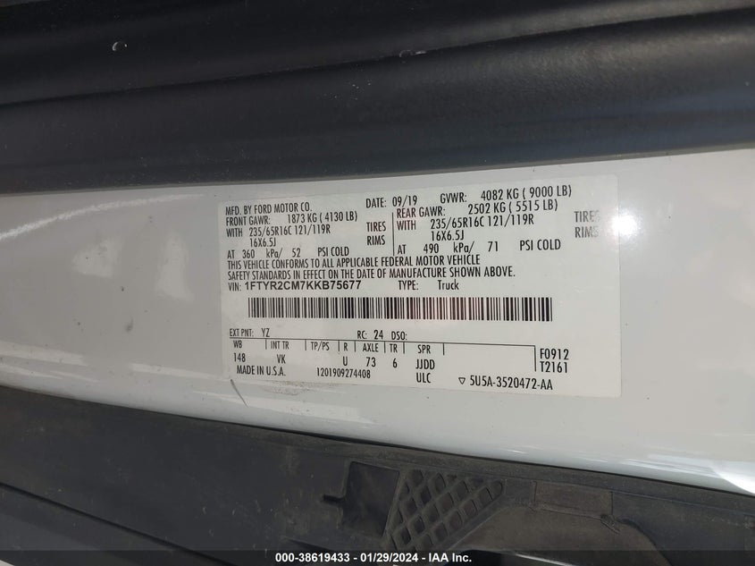 VIN 1FTYR2CM7KKB75677 2019 FORD TRANSIT-250