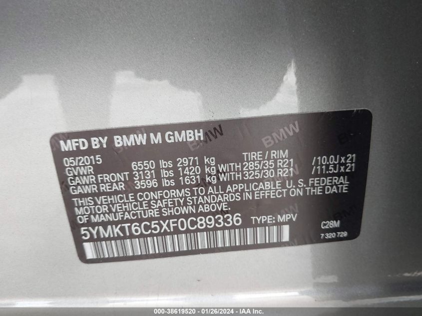 2015 BMW X5 M VIN: 5YMKT6C5XF0C89336 Lot: 38619520