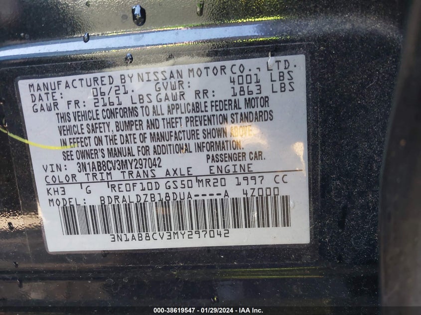 VIN 3N1AB8CV3MY297042 2021 NISSAN SENTRA SV XTRONIC CVT