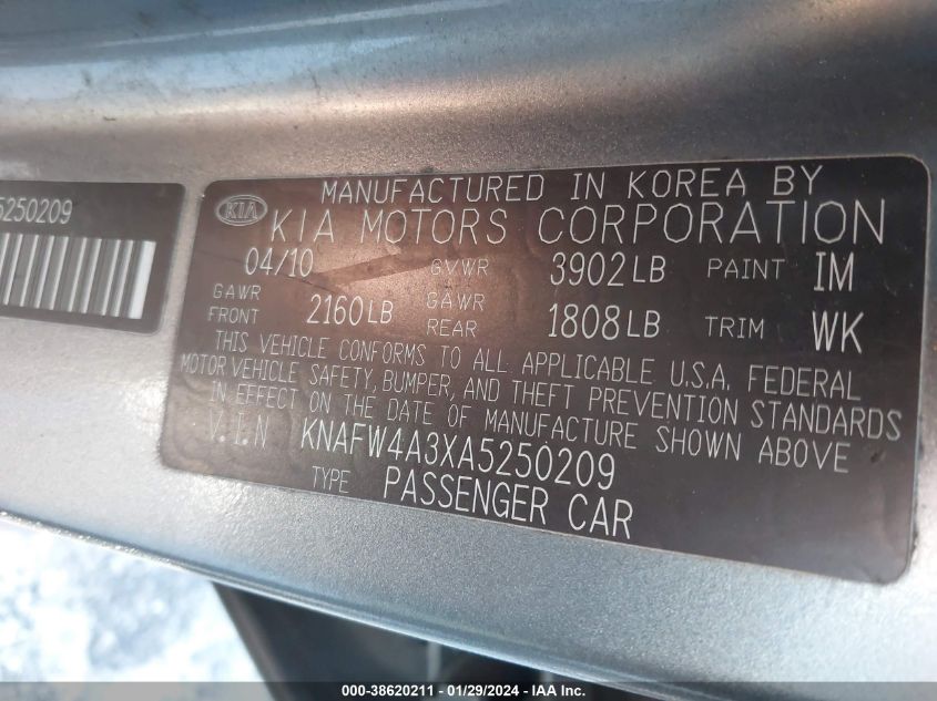 2010 Kia Forte Sx VIN: KNAFW4A3XA5250209 Lot: 38620211