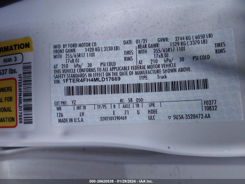 2021 Ford Ranger Xl VIN: 1FTER4FH4MLD17669 Lot: 38620539