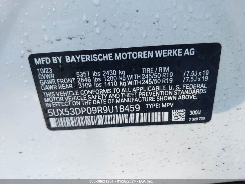 2024 BMW X3 xDrive30I VIN: 5UX53DP09R9U18459 Lot: 38621284