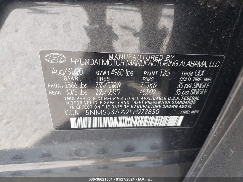 5NMS53AA2LH272850 2020 Hyundai Santa Fe Limited 2.0T