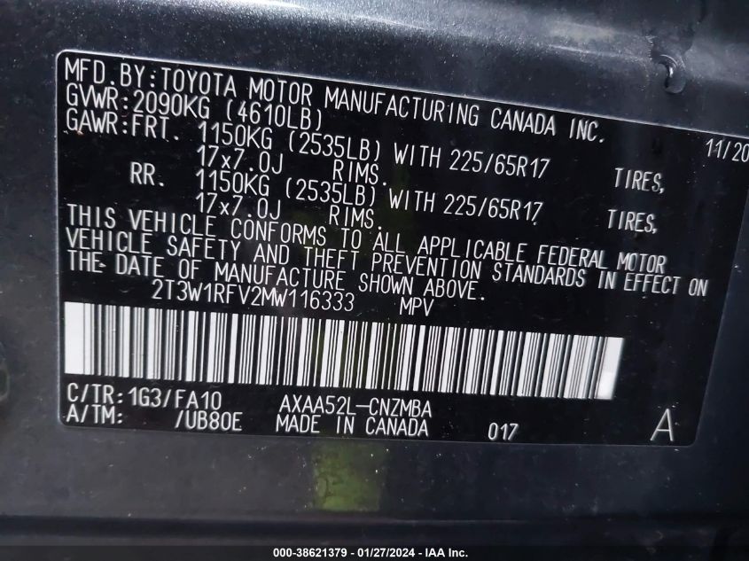 2T3W1RFV2MW116333 2021 Toyota Rav4 Xle