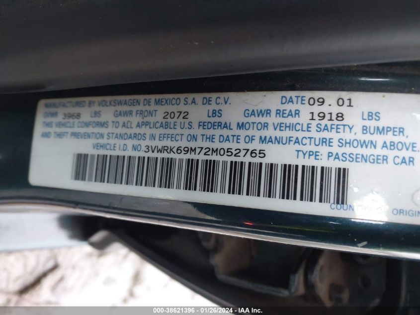 2002 Volkswagen Jetta Gl VIN: 3VWRK69M72M052765 Lot: 38621396