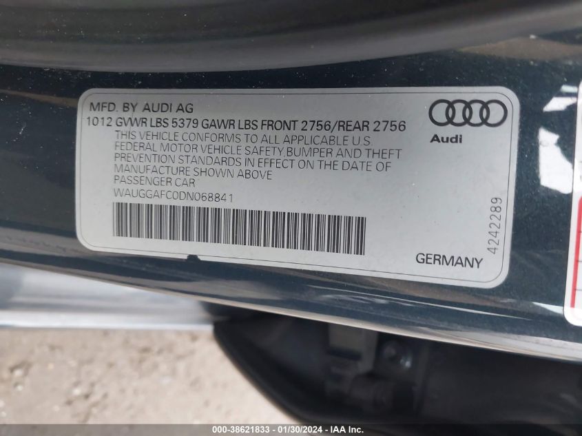 2013 Audi A6 3.0T Premium VIN: WAUGGAFC0DN068841 Lot: 38621833
