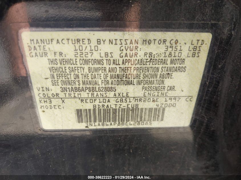 2011 Nissan Sentra 2.0Sr VIN: 3N1AB6AP8BL628085 Lot: 38622223