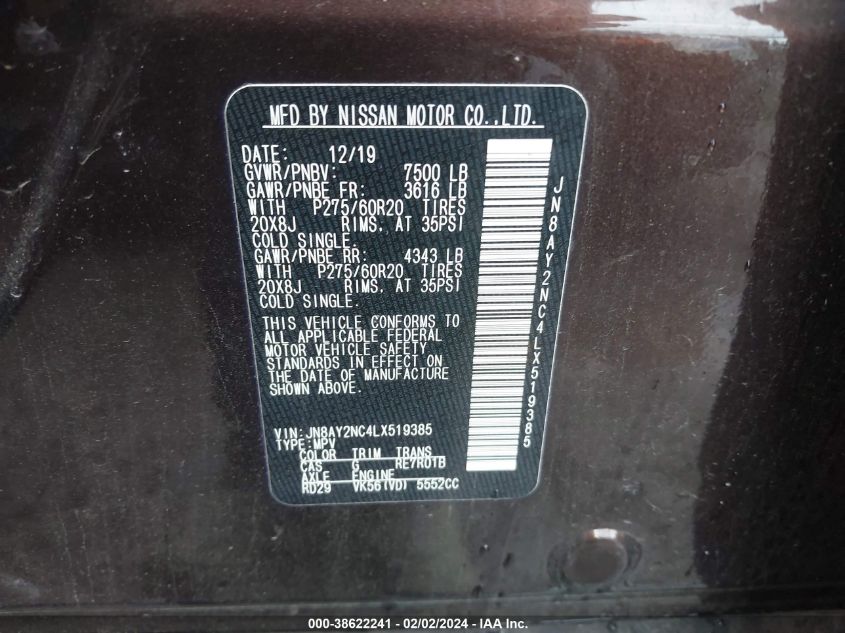 2020 NISSAN ARMADA SL 4WD - JN8AY2NC4LX519385