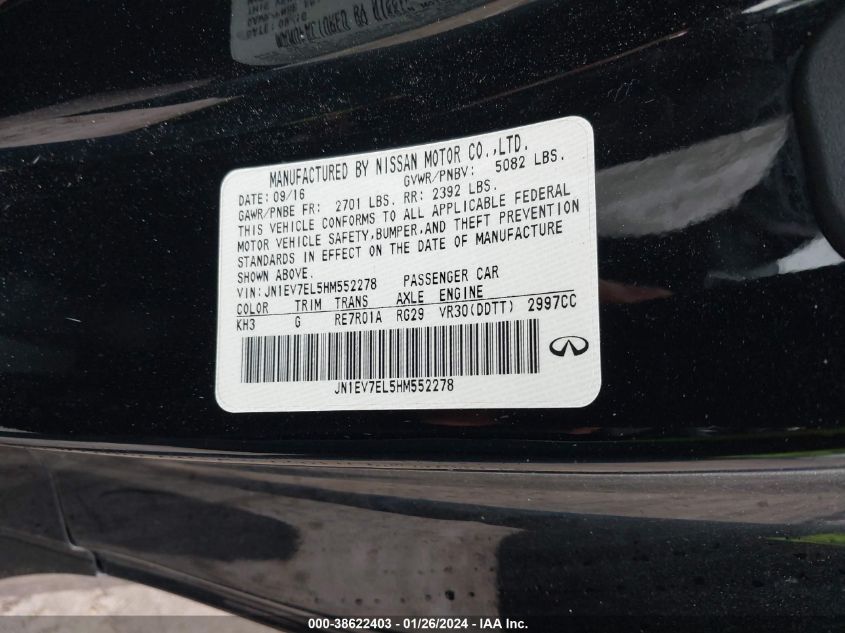 2017 Infiniti Q60 3.0T Premium VIN: JN1EV7EL5HM552278 Lot: 38622403