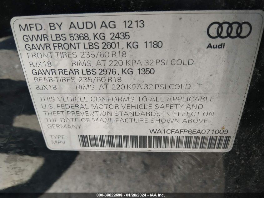 WA1CFAFP6EA071009 2014 Audi Q5 2.0T Premium