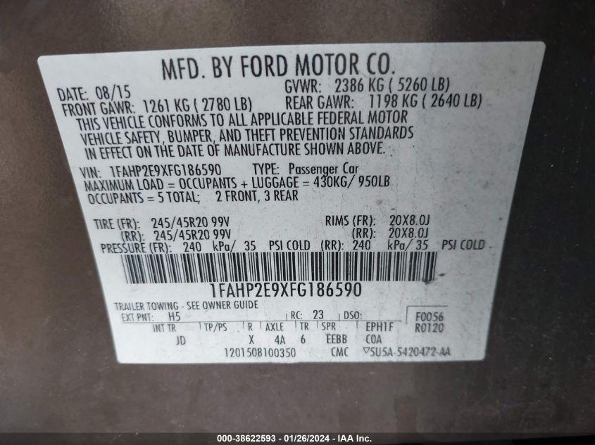 2015 Ford Taurus Sel VIN: 1FAHP2E9XFG186590 Lot: 38622593
