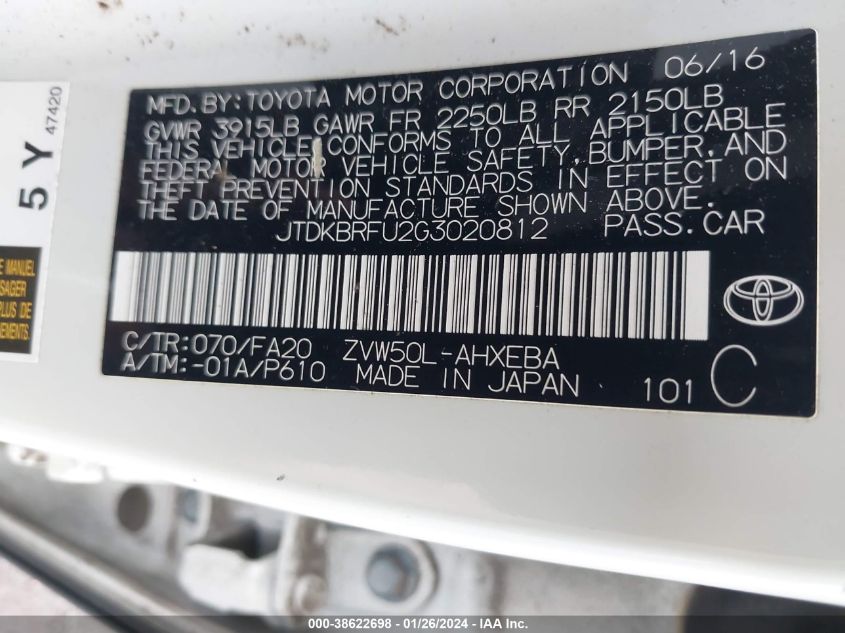 2016 Toyota Prius Two VIN: JTDKBRFU2G3020812 Lot: 38622698