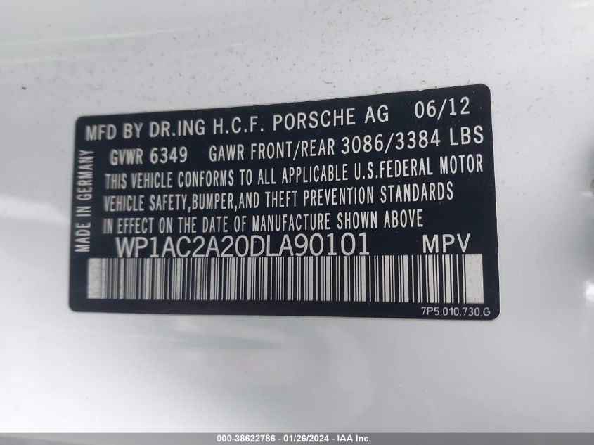 2013 Porsche Cayenne Turbo VIN: WP1AC2A20DLA90101 Lot: 38622786