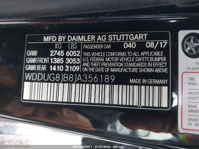 2018 Mercedes-Benz Amg S 63 4Matic VIN: WDDUG8JB8JA356189 Lot: 38623071