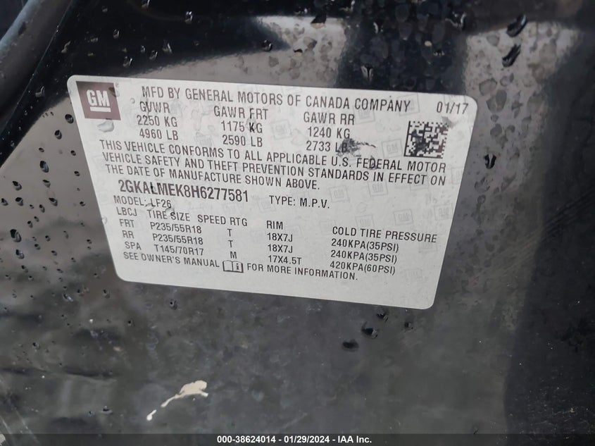 2017 GMC Terrain Sle-1 VIN: 2GKALMEK8H6277581 Lot: 38624014