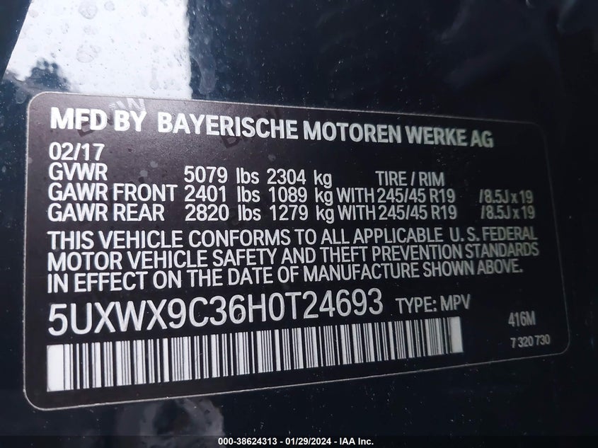VIN 5UXWX9C36H0T24693 2017 BMW X3 XDRIVE28I