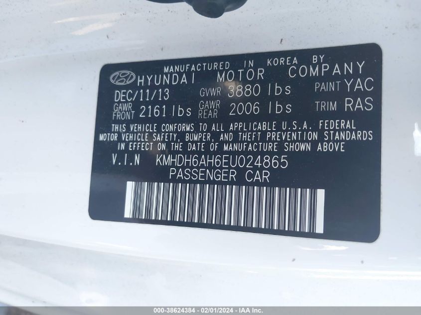 2014 Hyundai Elantra VIN: KMHDH6AH6EU024865 Lot: 38624384