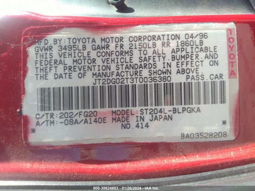 JT2DG02T3T0036380 1996 Toyota Celica Gt