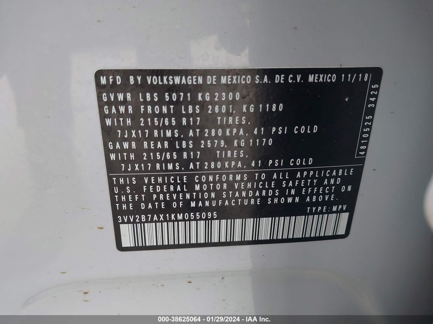 VIN 3VV2B7AX1KM055095 2019 VOLKSWAGEN TIGUAN 2.0T SE/2.0T SEL/2.0T SEL R-LINE/2.0T SEL R-LINE BLACK
