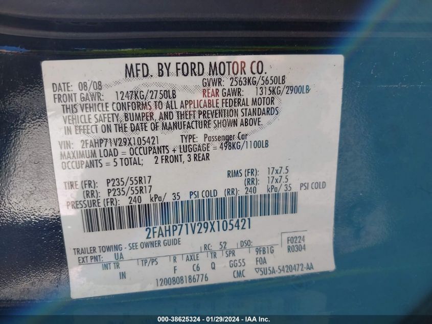 2009 Ford Crown Victoria Police/Police Interceptor VIN: 2FAHP71V29X105421 Lot: 38625324