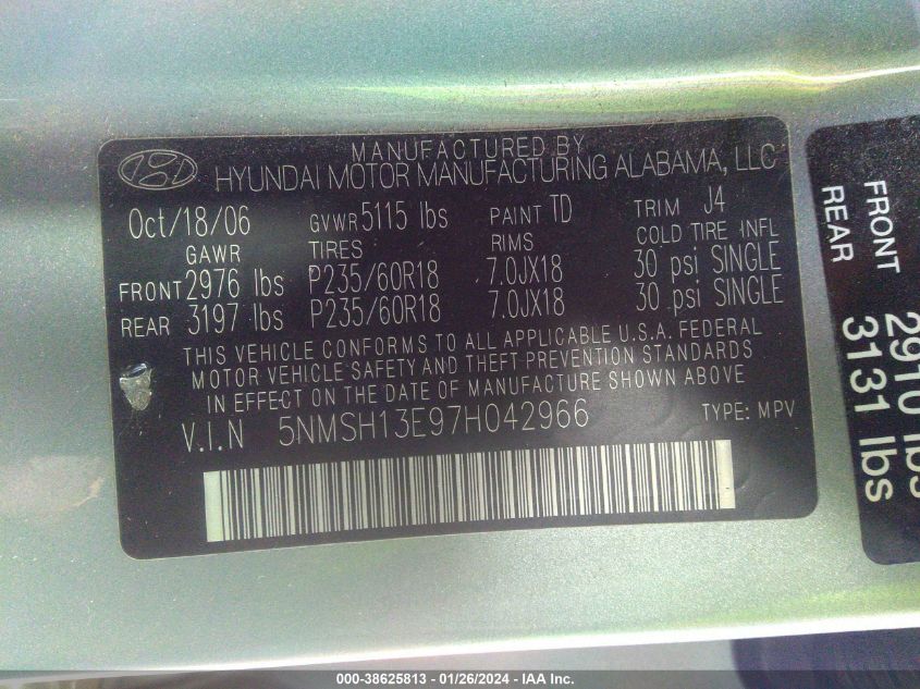 5NMSH13E97H042966 2007 Hyundai Santa Fe Limited/Se