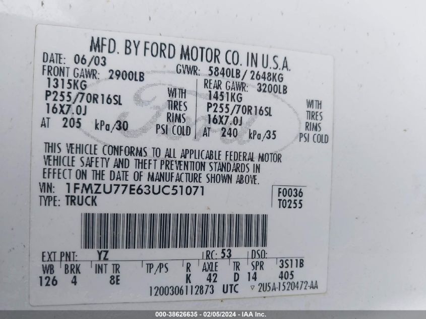 2003 Ford Explorer Sport Trac Xls/Xlt VIN: 1FMZU77E63UC51071 Lot: 38626635