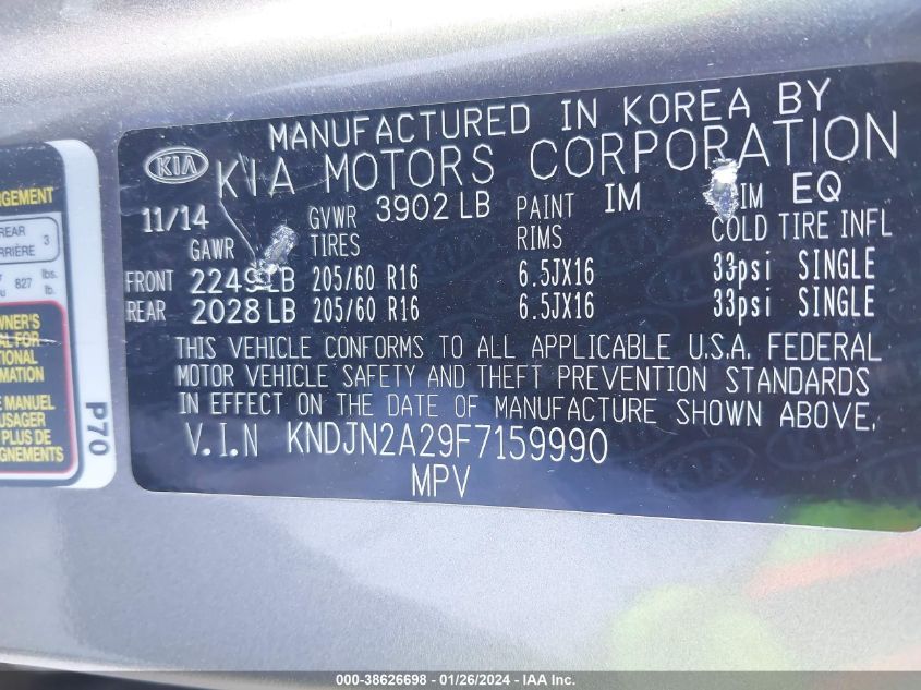 2015 Kia Soul VIN: KNDJN2A29F7159990 Lot: 38626698