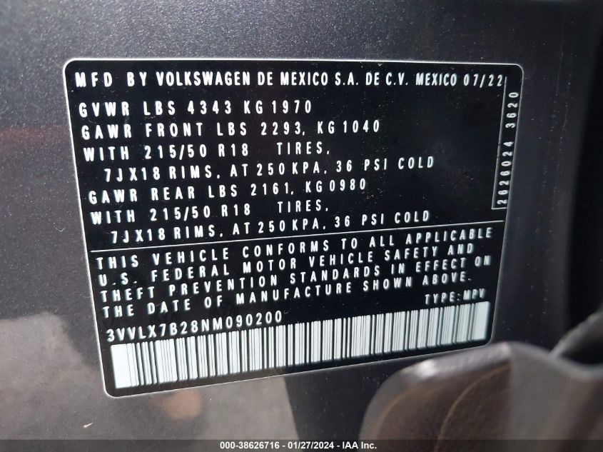 2022 Volkswagen Taos 1.5T Se VIN: 3VVLX7B28NM090200 Lot: 38626716