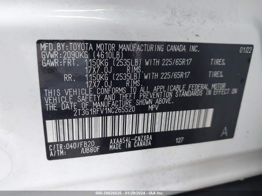 VIN 2T3G1RFV1NC265520 2022 TOYOTA RAV4 no.9