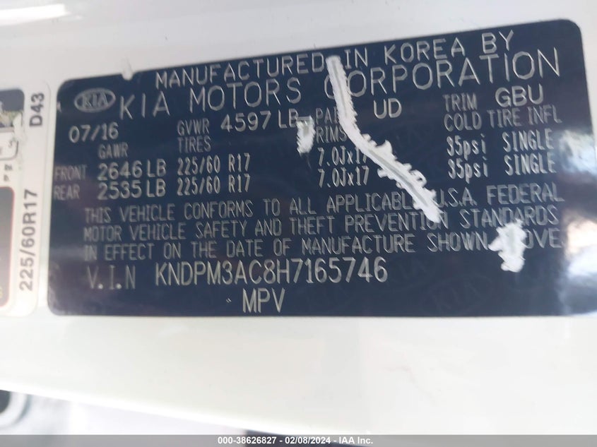 VIN KNDPM3AC8H7165746 2017 KIA SPORTAGE LX
