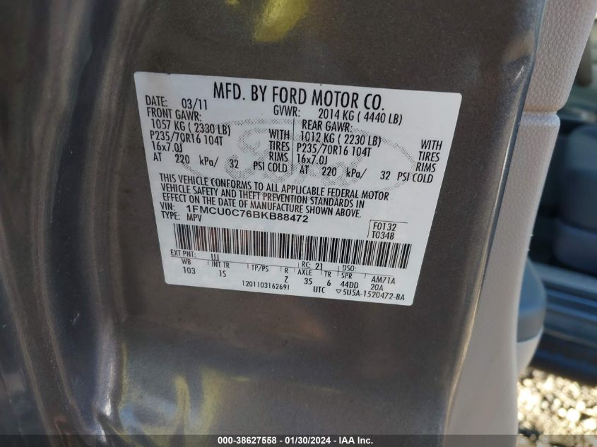 1FMCU0C76BKB88472 2011 Ford Escape Xls