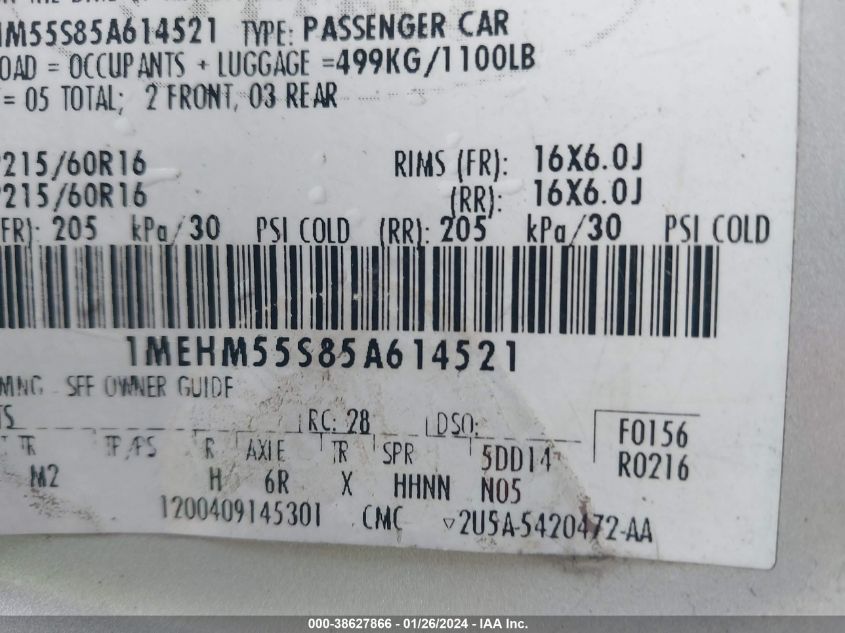 2005 Mercury Sable Ls VIN: 1MEHM55S85A614521 Lot: 38627866