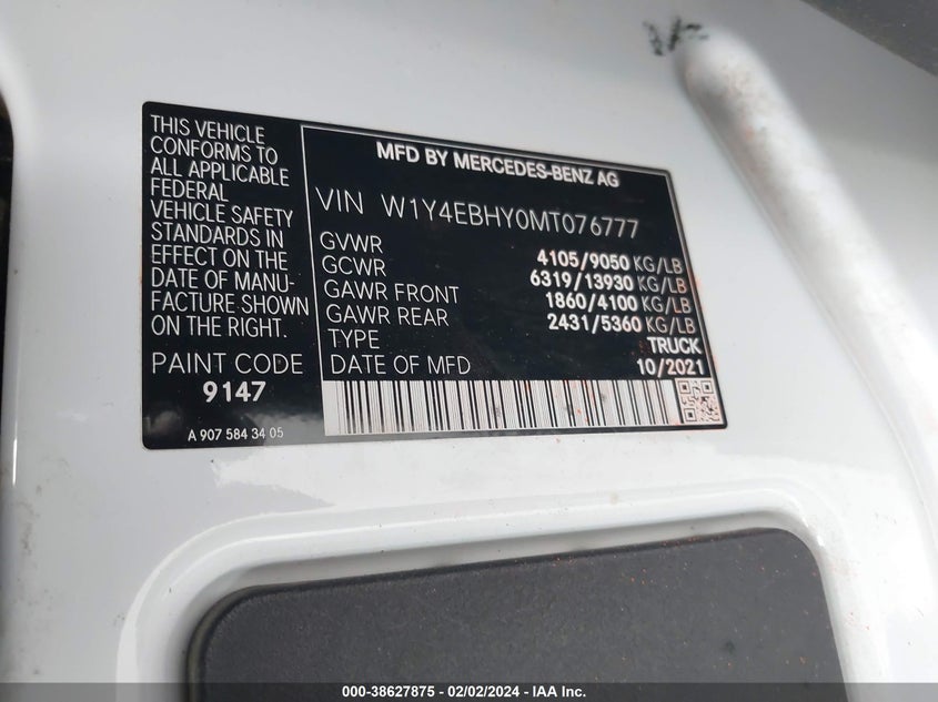 2021 MERCEDES-BENZ SPRINTER 2500 VIN: W1Y4EBHY0MT076777