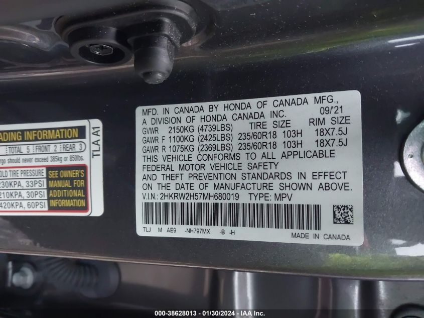 2021 Honda Cr-V Ex VIN: 2HKRW2H57MH680019 Lot: 38628013