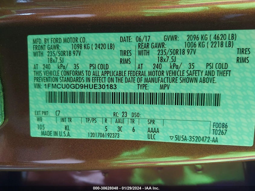 VIN 1FMCU0GD9HUE30183 2017 FORD ESCAPE SE