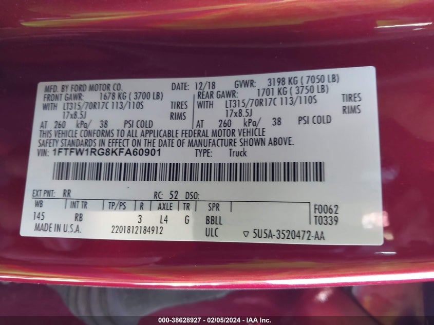 VIN 1FTFW1RG8KFA60901 2019 FORD F-150 RAPTOR