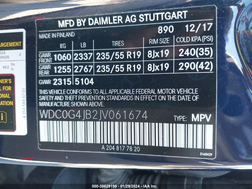 2018 Mercedes-Benz Glc 300 VIN: WDC0G4JB2JV061674 Lot: 38629198