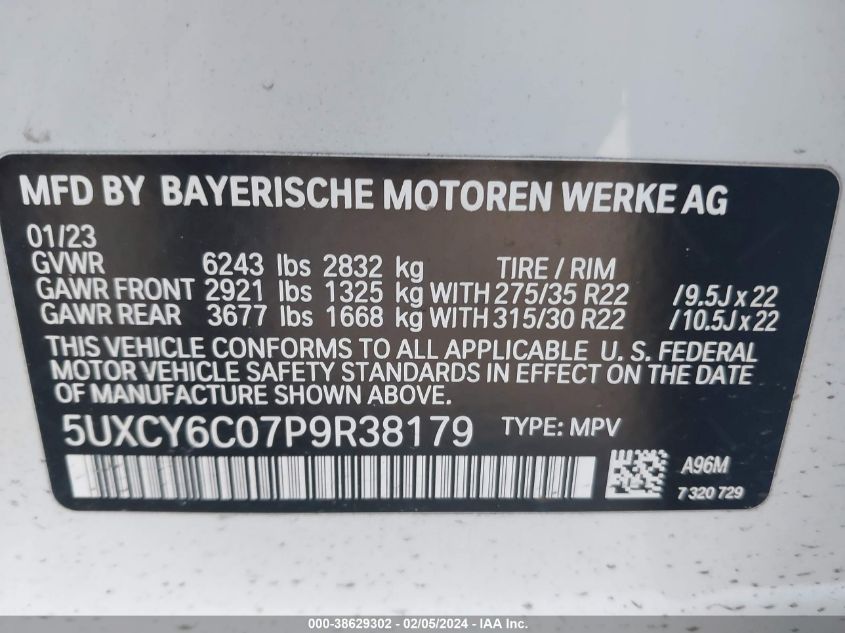 VIN 5UXCY6C07P9R38179 2023 BMW X6, Xdrive40I no.9