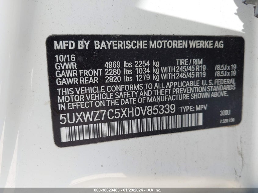 VIN 5UXWZ7C5XH0V85339 2017 BMW X3 SDRIVE28I